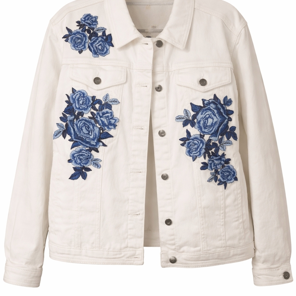 DG2 by Diane Gilman White Denim Jacket Blue Floral Embroidery 1X
